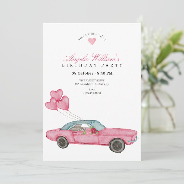 Watercolor pink car birthday invitation (Standing Front)