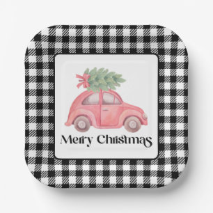 Watercolor Pink Car Christmas Tree Paper Plate