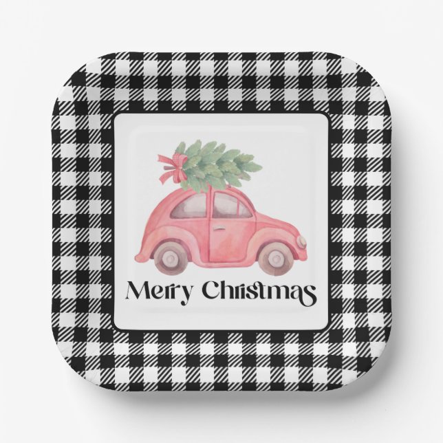 Watercolor Pink Car Christmas Tree  Paper Plate (Front)