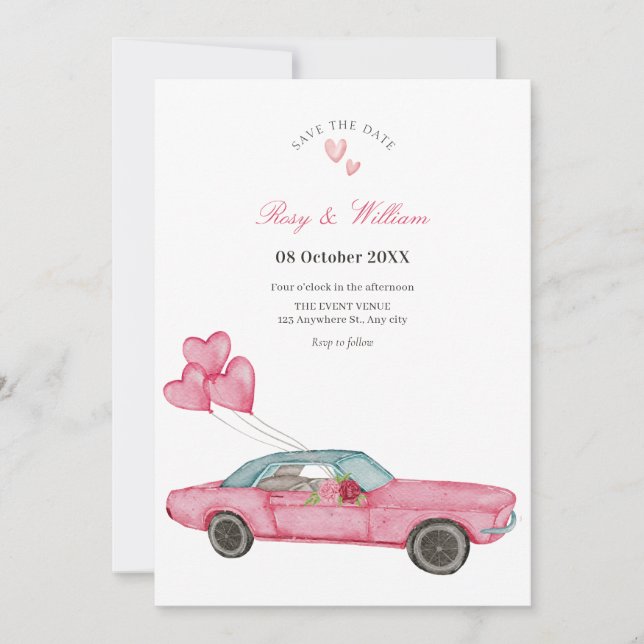 Watercolor pink car wedding save the date (Front)