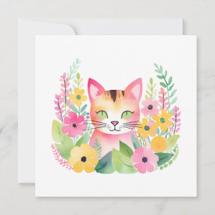 Watercolor Pink Cat and Summer Flowers Card
