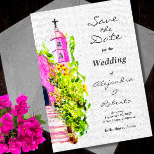 Watercolor Pink Chapel Mexican Wedding Save Date Invitation