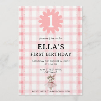 Watercolor Pink Check Bunny Birthday Invitation