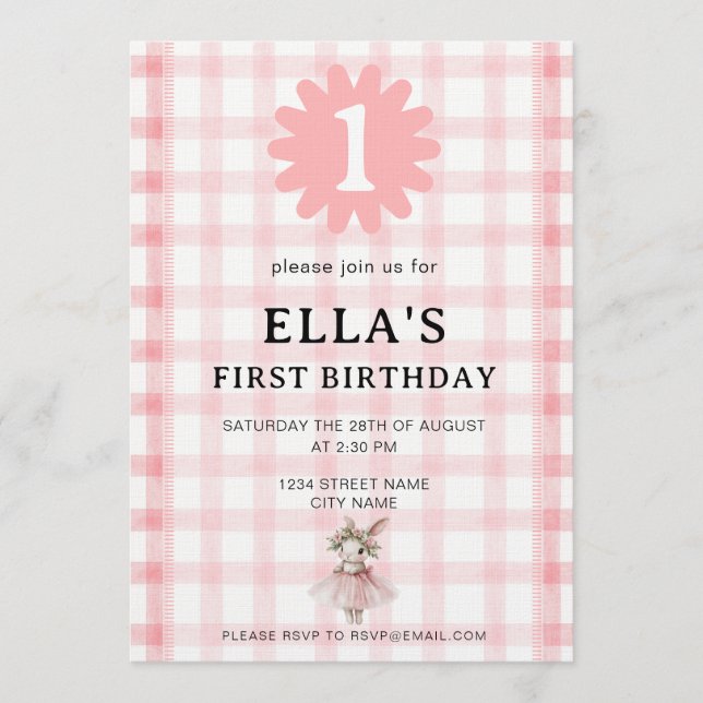 Watercolor Pink Check Bunny Birthday Invitation (Front)