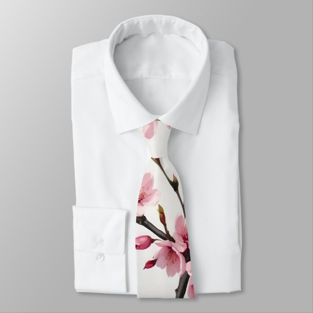 Watercolor Pink Cherry Blossom Floral Pattern Tie (Tied)
