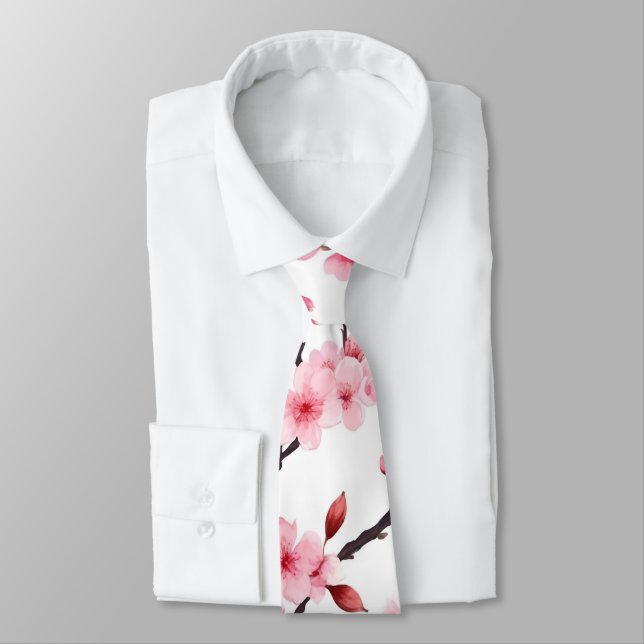 Watercolor Pink Cherry Blossom Floral Tie (Tied)