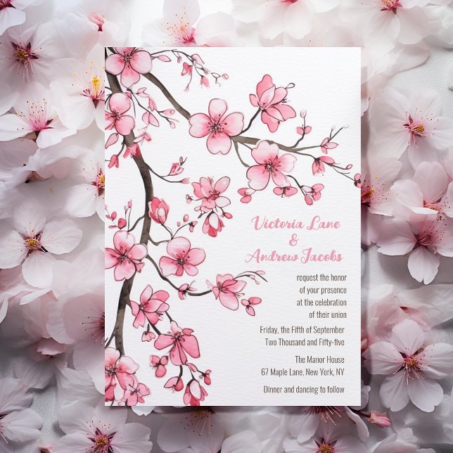 Watercolor Pink Cherry Blossom Floral Wedding Invitation (Creator Uploaded)