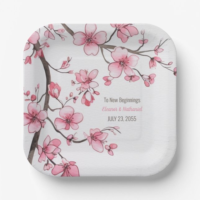 Watercolor Pink Cherry Blossom Floral Wedding Paper Plate (Front)