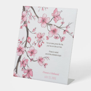 Watercolor Pink Cherry Blossom Floral Wedding Pedestal Sign