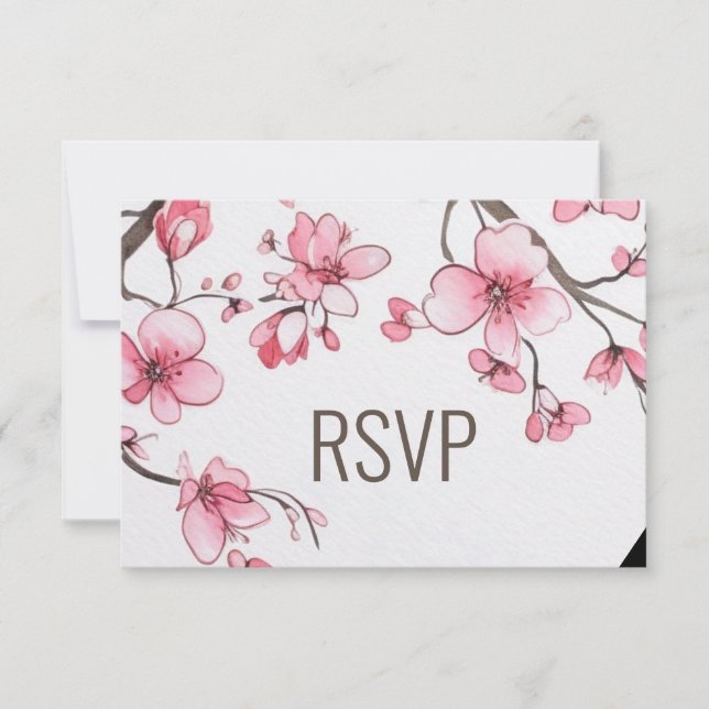 Watercolor Pink Cherry Blossom Floral Wedding RSVP Card (Front)
