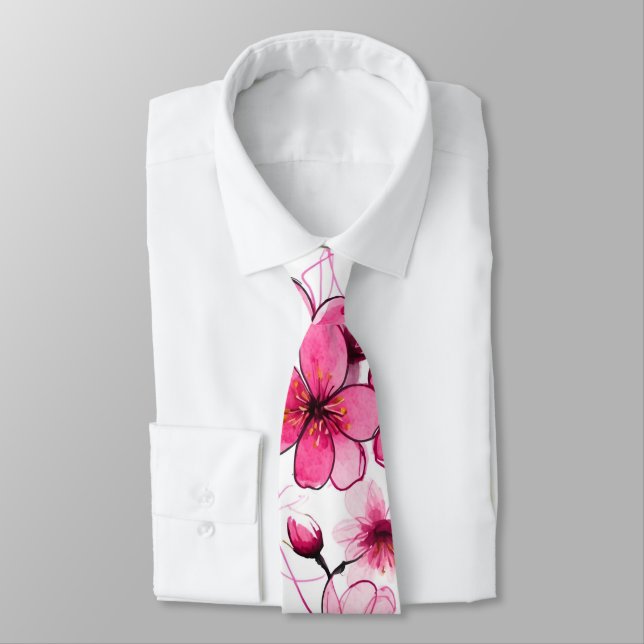 Watercolor Pink Cherry Blossom Pattern Tie (Tied)