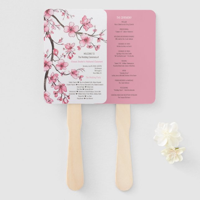 Watercolor Pink Cherry Blossom Wedding Program Hand Fan (Front and Back)
