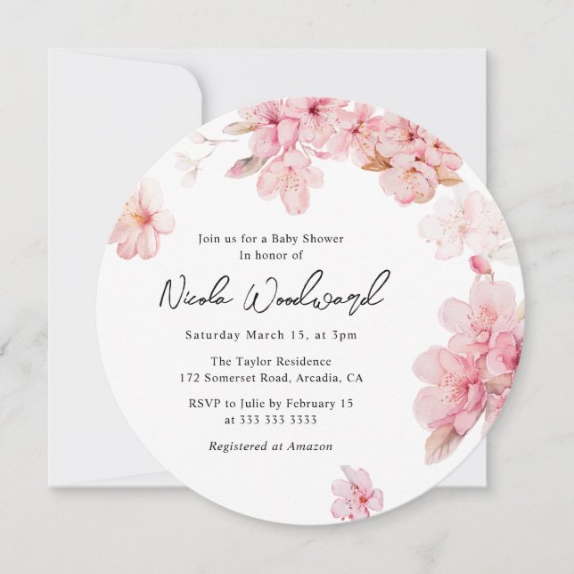 Watercolor Pink Cherry Blossom Wreath Baby Shower Invitation (Front)