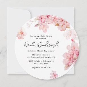 Watercolor Pink Cherry Blossom Wreath Baby Shower Invitation