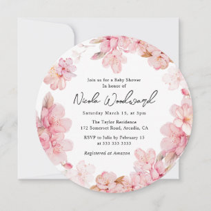 Watercolor Pink Cherry Blossom Wreath Baby Shower Invitation