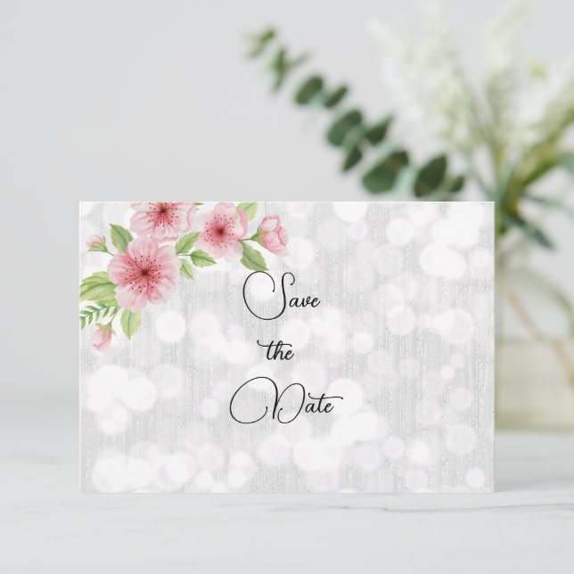 Watercolor Pink Cherry Blossoms  Save The Date (Standing Front)