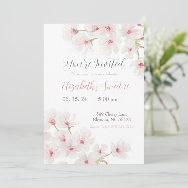 Watercolor Pink Cherry Blossoms Sweet 16 Invitation (Standing Front)