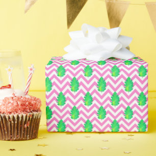 Watercolor Pink Chevron Palm Leaves Wrapping Paper