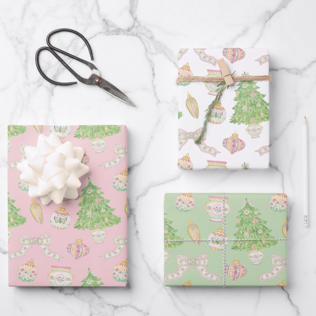 Watercolor Pink Chinoiserie Baubles Christmas Tree Wrapping Paper Sheet (Front)