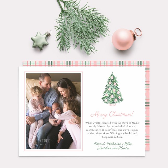 Watercolor Pink Chinoiserie Merry Christmas Photo Holiday Card (Sweet pink chinoiserie decorated holidays tree & space for family photo. Pink / green plaid reverse)