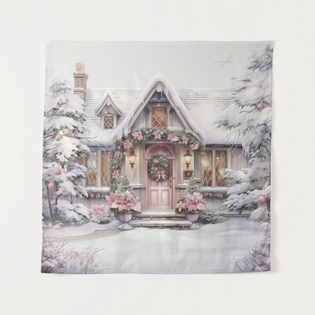 Watercolor Pink Christmas Art Tapestry (Front)