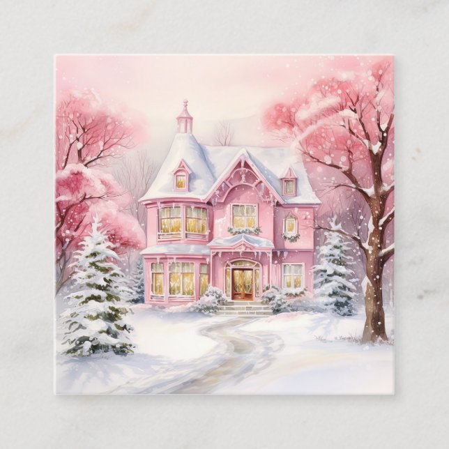 Watercolor Pink Christmas Background Square Business Card (Front)
