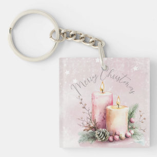 watercolor Pink Christmas candle 1st birthday Key Ring