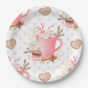 Watercolor Pink Christmas Cookies and Cocoa Paper Plate