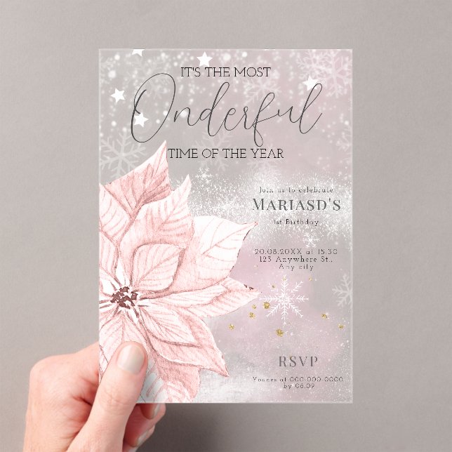 watercolor Pink Christmas flower 1st birthday  Acrylic Invitations (Insitu (Handheld))