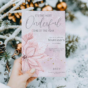 watercolor Pink Christmas flower 1st birthday  Invitation