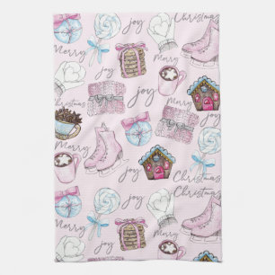 Watercolor Pink Christmas Girly Tea Towel