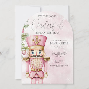 watercolor Pink Christmas Nutcracker 1st birthday  Invitation