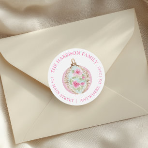 Watercolor Pink Christmas Ornament Return Address Classic Round Sticker
