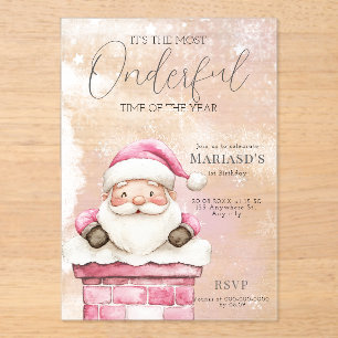 watercolor Pink Christmas Santa 1st birthday  Acrylic Invitations