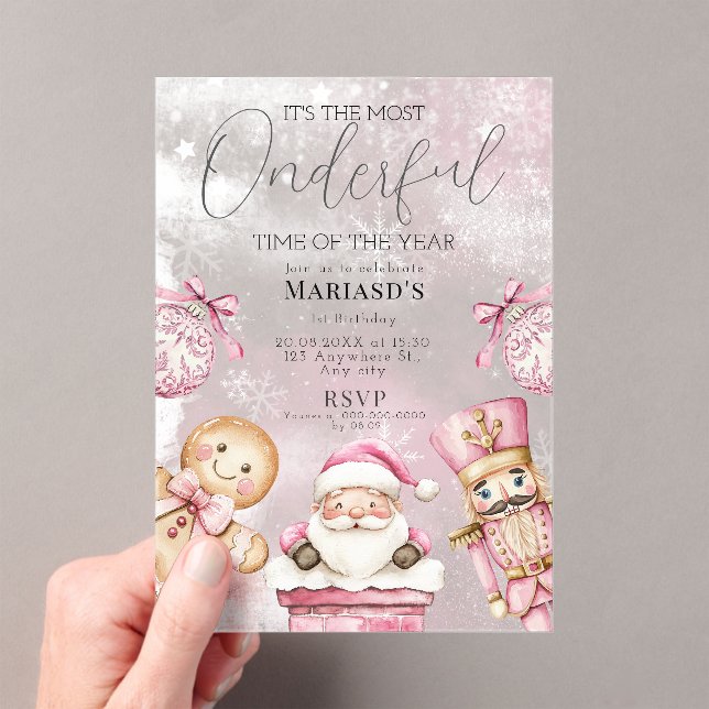 watercolor Pink Christmas Santa 1st birthday  Acrylic Invitations (Insitu (Handheld))