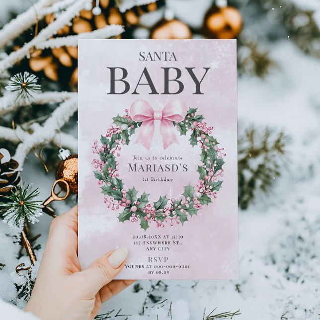 watercolor Pink Christmas Santa 1st birthday  Invitation (Creator Uploaded)