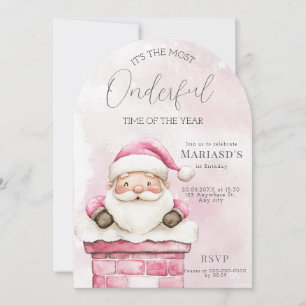 watercolor Pink Christmas Santa 1st birthday Invitation