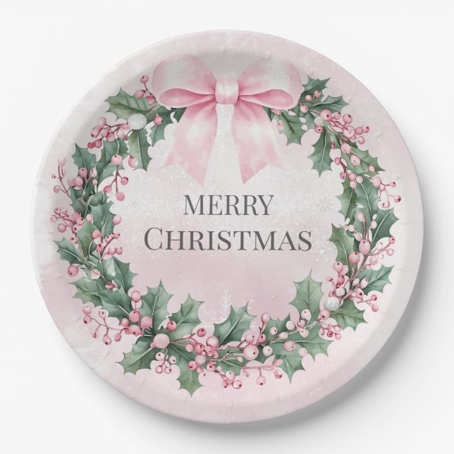 watercolor Pink Christmas Santa 1st birthday  Paper Plate (Front)