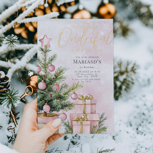 watercolor Pink Christmas Tree 1st birthday 