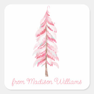 Watercolor Pink Christmas Tree Gift Stickers