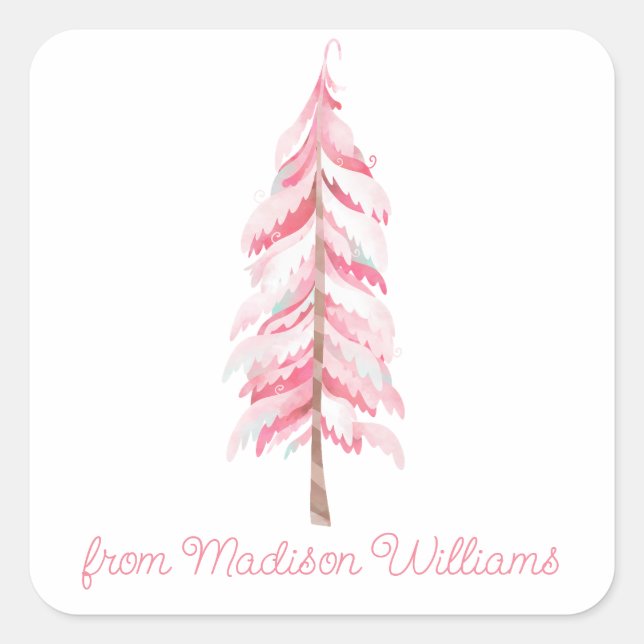 Watercolor Pink Christmas Tree Gift Stickers (Front)