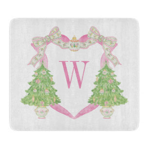 Watercolor Pink Christmas Tree Monogram Crest Cutting Board