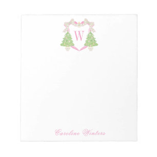 Watercolor Pink Christmas Tree Monogram Crest Notepad