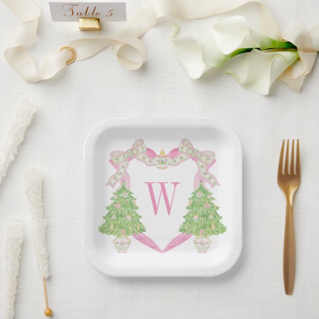 Watercolor Pink Christmas Tree Monogram Crest Paper Plate (Wedding)