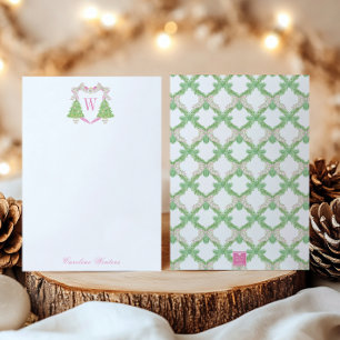 Watercolor Pink Christmas Tree Monogram Crest Thank You Card