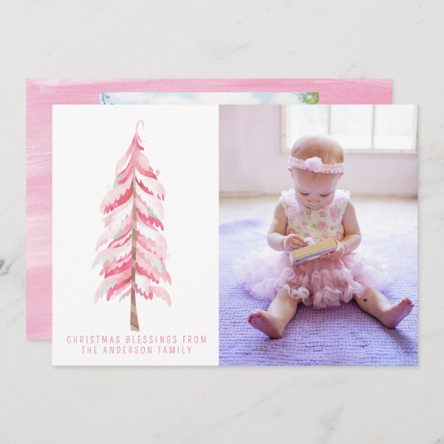 Watercolor Pink Christmas Tree Photo Card (Front/Back)