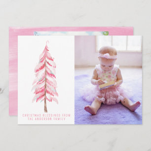 Watercolor Pink Christmas Tree Photo Card