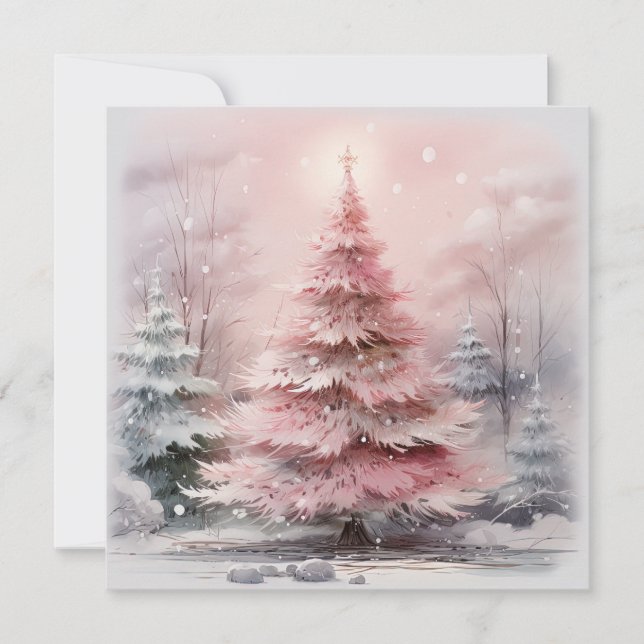 Watercolor Pink Christmas Tree Scene Card (Front)