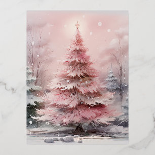 Watercolor Pink Christmas Tree Scene Foil Holiday Postcard