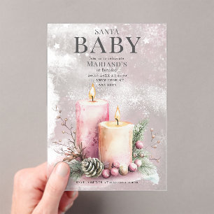 watercolor Pink ChristmasCandles 1st birthday Acrylic Invitations